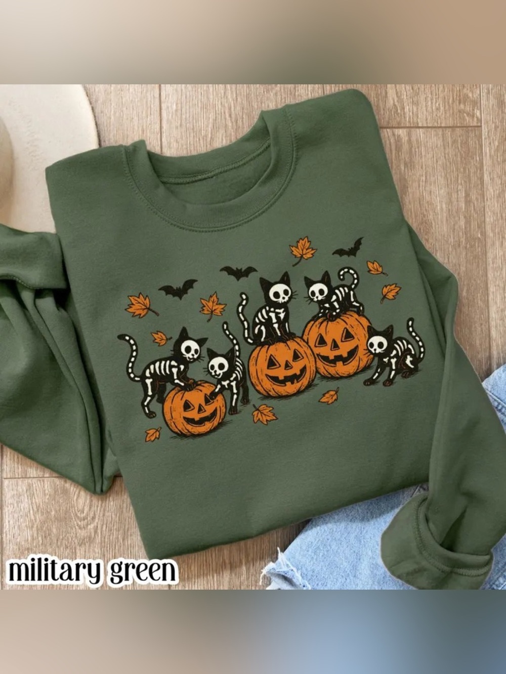 Halloween Pumpkin & Skeleton Cat Sweatshirt - Military Green Vintage